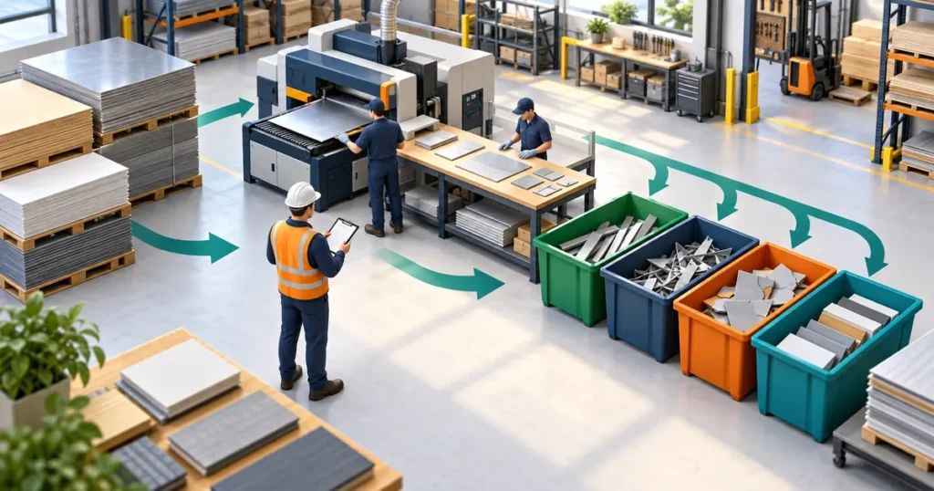 Raw material waste tracking with sorted scrap and reusable factory materials
